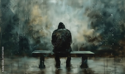 Depression and loneliness artistic representation of a backview of a person sitting on a bench on grey rainy day near lost and desoriented