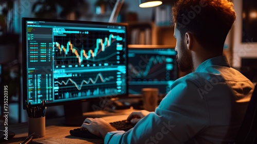 A stock trader man working on computer, the monitor show a trading graph patterns. Generative AI