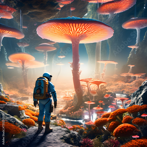a group of explorers astronauts in the middle of a landscape of microscopic world made up of fungi Generative Ai