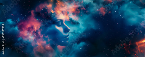 portrait de femme de profil avec double exposition et nébuleuse et nuages de gaz galactique autour