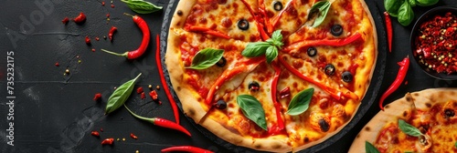 Pizza with pepper, olives and basil on black background, panoramic shot. Diavola. Cheese Pull. Diavola Pizza on a Background with copyspace.