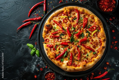 Delicious pizza with chili pepper on black table, flat lay. Space for text. Diavola. Cheese Pull. Diavola Pizza on a Background with copyspace.