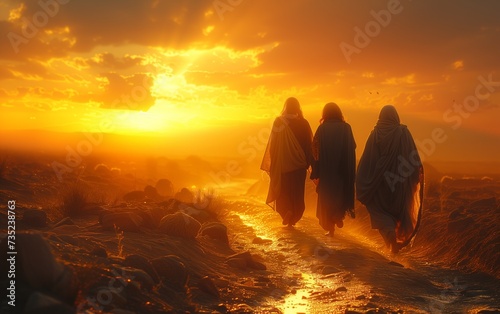 Two disciples walking along a sandy road to Emaus, talking to the yet unrecognized Christ