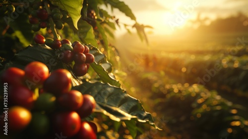 Harvest Time in Coffee Fields - Workers gather ripe coffee berries during harvest season, with the warm sunset light casting a golden hue.