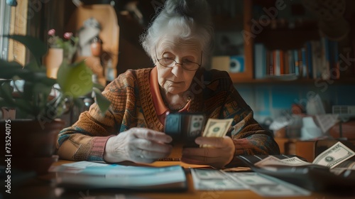 Elderly woman managing finances at home, surrounded by bills and money. candid, authentic moment captured in warm light. AI