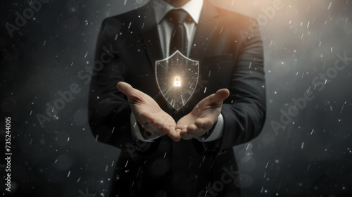 professional in a suit with an illuminated shield icon hovering above his open hands.