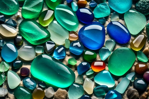 blue and green stones, Colorful gemstones on a beach. Polish textured sea glass and stones on the seashore. Green, blue shiny glass with multi-colored sea pebbles close-up