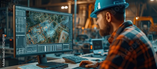 Construction project manager with hard hat focused on analyzing a detailed site map on a computer screen in an industrial environment.
