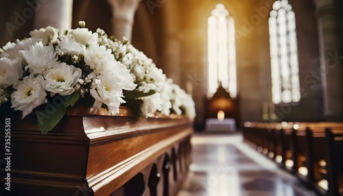 a Funeral ceremony, Coffin in the church with white flowers