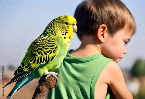 Green budgie bird perched on a child shoulder 