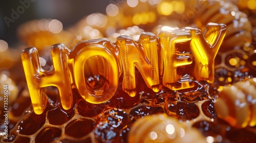 HONEY font made of honey on honeycomb