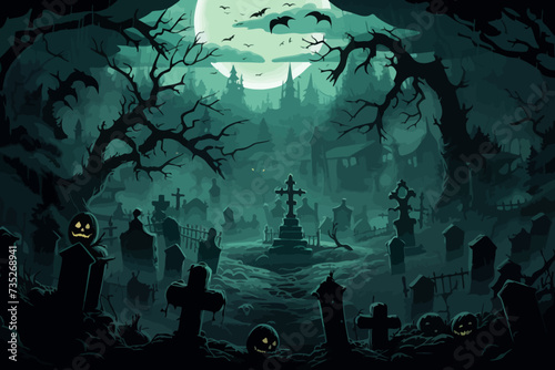 a cemetery with tombstones and bats in front of a full moon