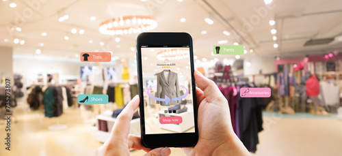 Augmented reality,AR Shopping retail concept.Hands holding mobile phone on blurred fasion store