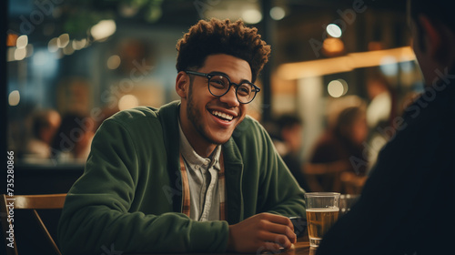 Young black man with glasses talking to a friend at a bar