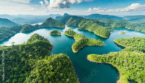 Sustainable habitat world concept. Distant aerial view of a dense rainforest vegetation with lakes in a shape of world continents, clouds and one small yellow