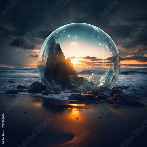 Transparent sphere covering a mountain range washed by the ocean, with sunset and thunderclouds