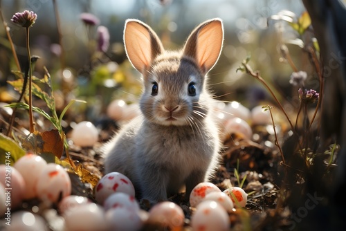 Hermoso conejo en la hierba rodedo de plantas silvestres y algunos huevos pequeños. Primavera, conejo de pascua