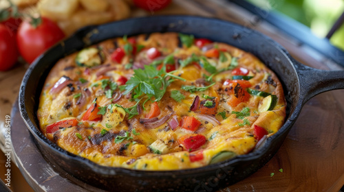 A grilled vegetable frittata packed with colorful peppers onions and zucchini all cooked on the grill for a deliciously charred and caramelized flavor. Paired with a side