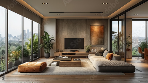 Minimalist living room interior with wooden floor, decor on a large wall, beautiful room with modern style, still life shot, home decor, plants and wide windows,