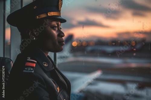 A stoic officer gazes out the window, her face reflecting both determination and uncertainty as she watches the clouds roll by in the sky above, her military uniform and peaked cap a symbol of her de