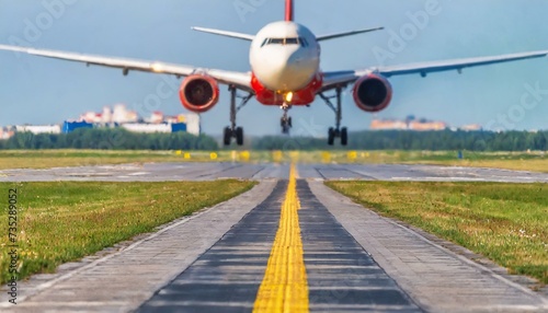 Pista de um aeroporto e ao fundo um avião se preparando para tocar o solo