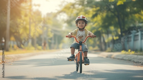 Generative AI : Learning to ride a bike concept, The little boy is practicing cycling a bicycle with the training wheels on the road.