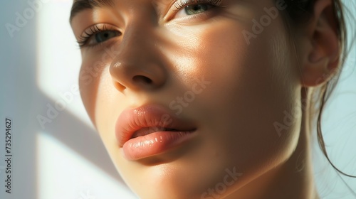 Generative AI : Beautiful Young Woman with Clean Fresh Skin look away .Girl beauty face care. Facial treatment . 