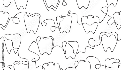 Seamless Pattern with Teeth. Vector Background in continuous line drawing style on dental theme. 