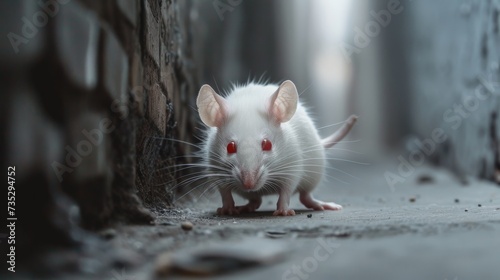 A small white rodent with striking red eyes scurries across the ground, resembling a miniature packrat or hamster with its delicate features and sleek mammalian form