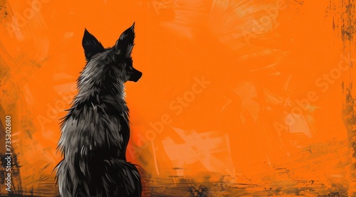 a painting of a dog sitting in front of an orange background with a black outline of a dog's head.
