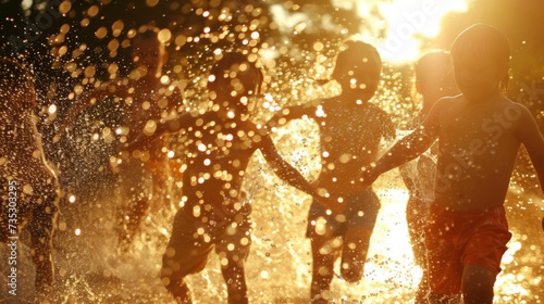 A group of kids playing with a water hose the suns rays reflecting off the water droplets creating a sparkling effect.