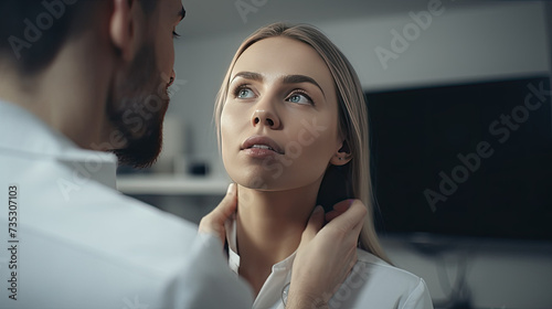 doctor palpating tonsils of woman with sore throat. created with ai