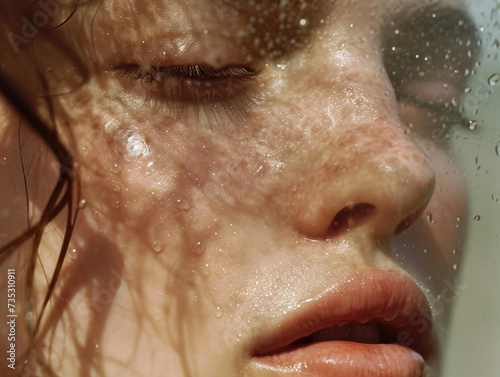 Portrait of beautiful natural woman with dewy wet skin