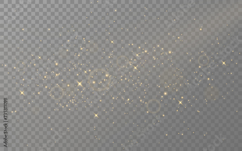 Gold glitter. Christmas shining dust. Magic golden sparks and light. Bright stars with particles. Shiny firework with bokeh effect. Stardust decoration. Vector illustration