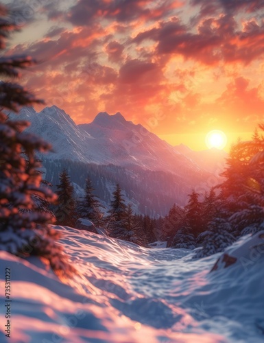 the sun is setting over a snowy mountain with pine trees in the foreground and a mountain range in the background.