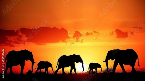 Migration of Elephants in African Savannah at Sunset AI Generated.