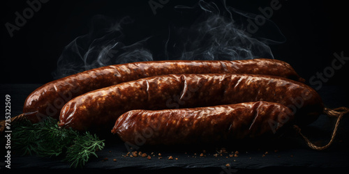 Grilled Smoked Sausages with Steam Rising on a Black Stone Surface