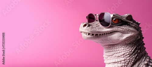 crocodile or alligator wearing sunglasses on pink background - creative optics eyewear salon banner with copy space. Fashion and accessories.