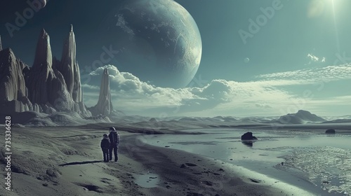 People have arrived on a new planet, the theme of colonization of other planets, travel in space, against the backdrop of space and the galaxy