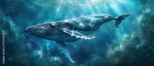 Humpback Whale Gliding Beneath the Blue Ocean Depths, an Exquisite Depiction of Marine Life