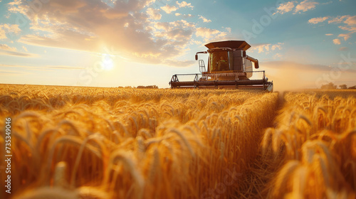 A combine harvester reaping a bountiful wheat field, efficiently harvesting crops and ushering in the season's yield.