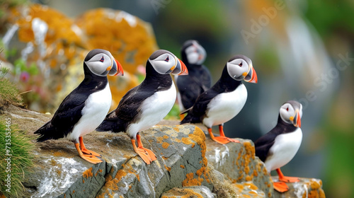 North Pacific puffins on rock