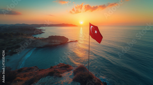Waving flag of Turkey against the background of the sea, template