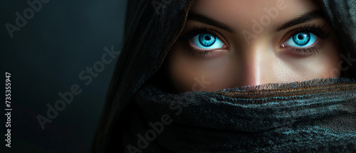 Feche o retrato de uma bela jovem com olhos azuis e véu preto