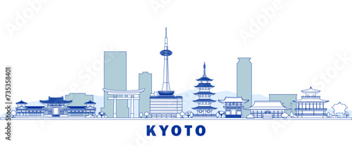 kyoto city landmarks line art vector illustration, japan