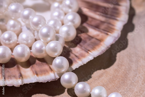 beautiful women's necklace made of natural white sea pearls close-up view