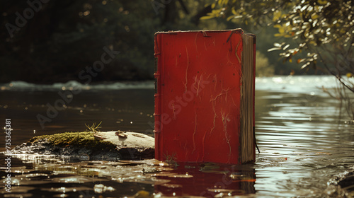 a red book is floating in a body of water