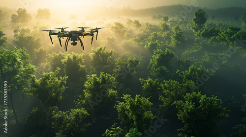 A drone flies in the mist above a lush green forest in the early sunlight