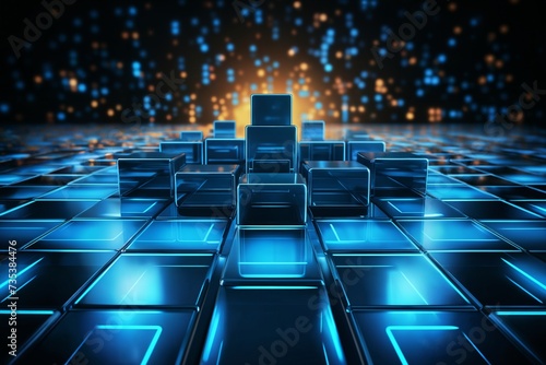 abstract dark mosaic background with many blue block shapes and golden lights, hi tech in the style of 3D rendering, digital art