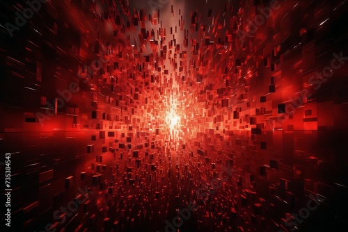 abstract background of explosion of dark mosaic with many red block shapes and cubes, hi tech in the style of 3D rendering, digital art